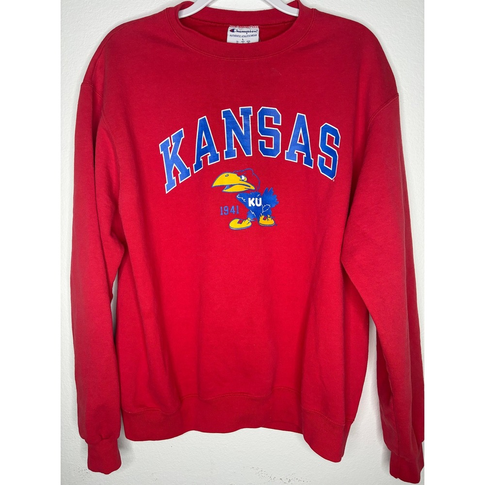 Champion Kansas Jayhawks Crewneck Sweatshirt Red Large KU Mascot 1941 L